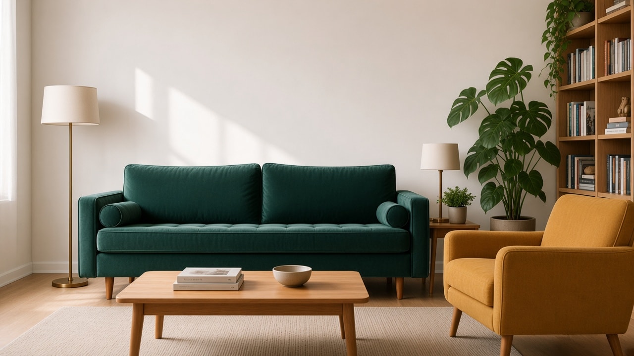 FurnitureFit lounge with teal sofa, tall floor lamp, and real NZ catalogue furniture from multiple retailers